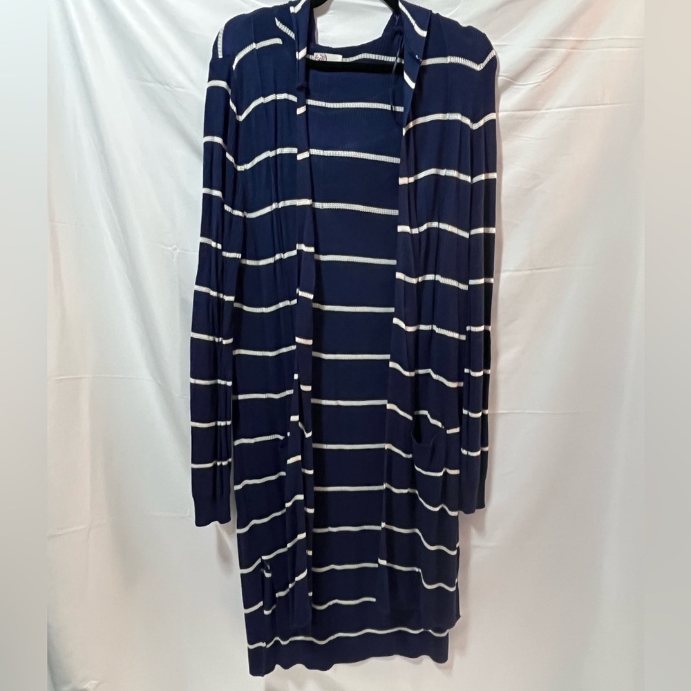 SO Navy and White Striped Knit Long Cardigan. 1X.